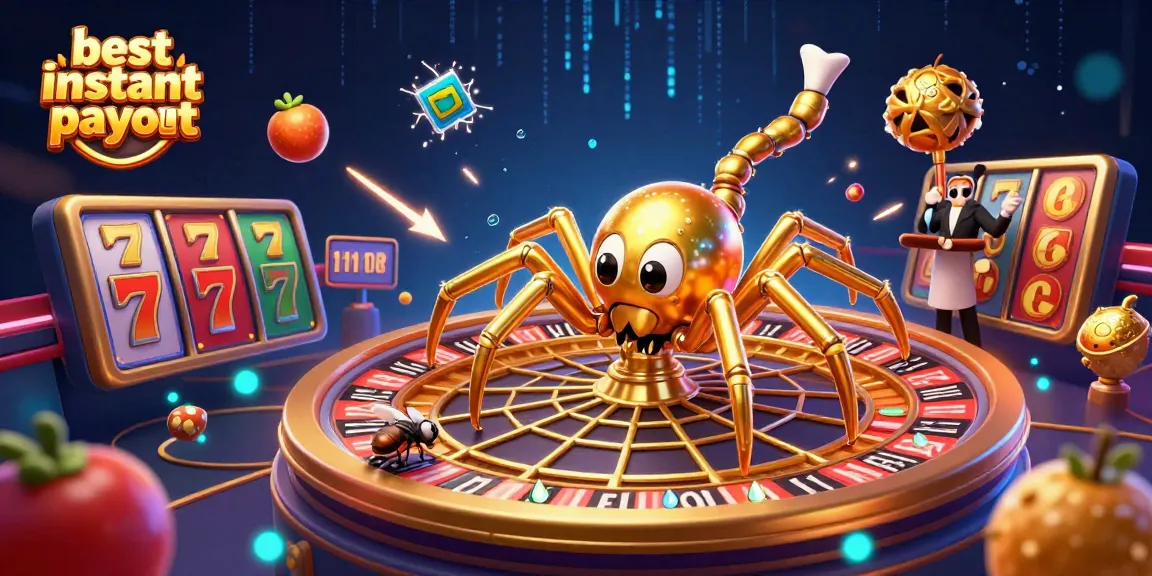 Bet at the best instant payout casino with a golden spider spinning a roulette wheel in a vibrant 3D scene.