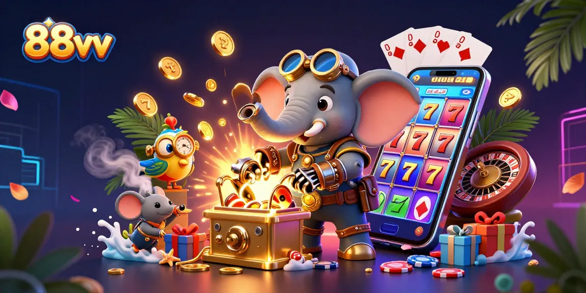 Experience the excitement of 88vv as a steampunk elephant operates a vibrant slot machine in a colorful casino scene.